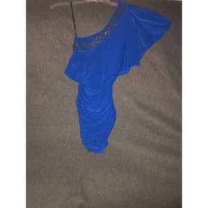 Blue, gold colored beaded half shoulder dress